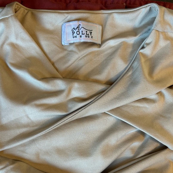 Oh Polly Long Sleeve Twist Neckline Cut Out Mini Dress in Beige - Picture 5 of 5